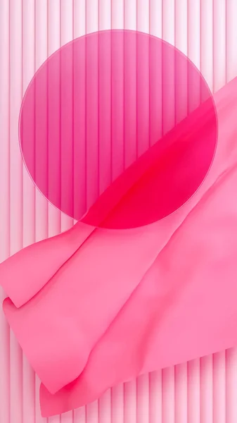 Adegan render 3d pink abstrak dengan bingkai lingkaran dan kain. Mengikat templat banner vertikal dengan spasi untuk teks. — Stok Foto