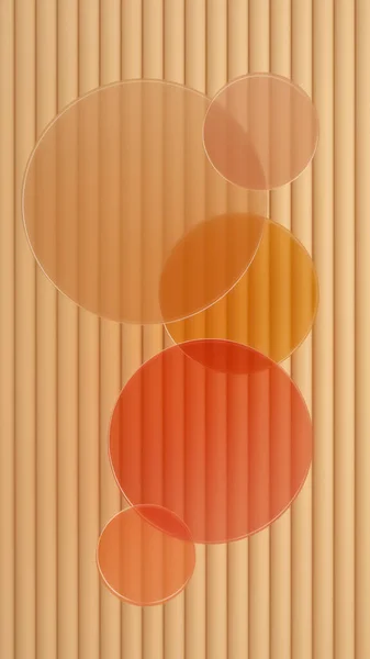 Abstract geel oranje 3d rendering scene met kleurrijke glazen cirkels op buizen achtergrond. Bind verticaal banner sjabloon met ruimte voor tekst. — Stockfoto