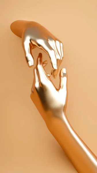 Händchenhalten. Goldbemalte Haut auf pastellfarbenem, warmem Hintergrund. Vertikale Banner für Posts in den sozialen Medien. Unterstützung, Hilfe und Beziehungskonzept. 3D-Darstellung. Raum für Text. — Stockfoto