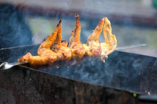 Ailes Poulet Marinées Épicées Cuisses Grillées Sur Barbecue Été Avec — Photo