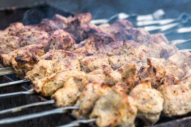 Baharatlı domuz eti ile sıcak alevler içinde görünümü kadar yakın bir yaz barbekü ızgara Marine.
