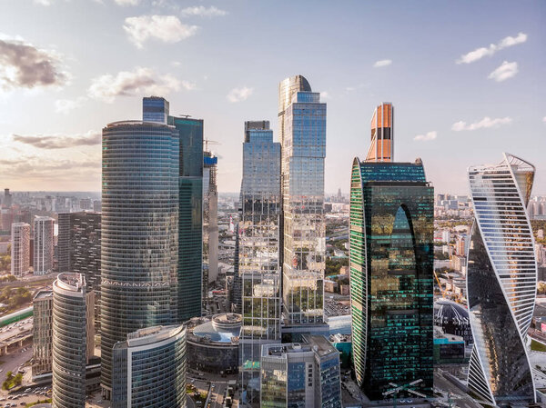 Moscow City skyline. with Moskva river. Panoramic view of business center Moscow City.