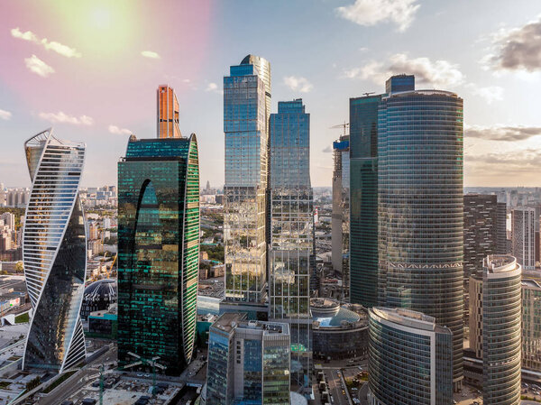 Moscow City skyline with Moskva river. Panoramic view of business center Moscow City.