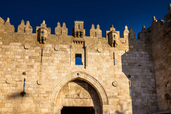 Damascus Gate at the old city of Jerusalem. They were built in 16th century and are a typical example of Muslim architecture. Jerusalem, Israel.