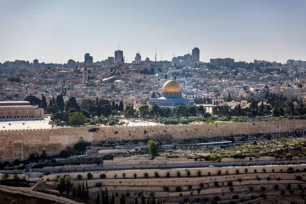 Aerial view of the golden dome of the Dome of the Rock, an Islamic shrine located on the Temple Mount in Jerusalem Old City, Israel.