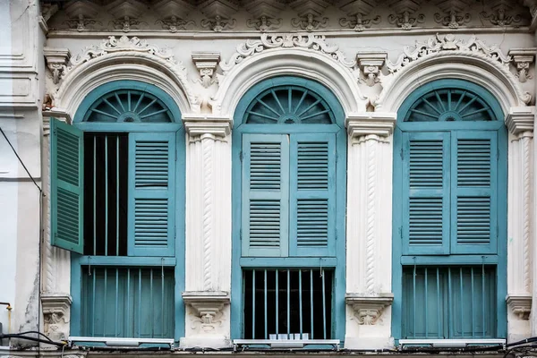 Wooden Shutters Windows Different Shapes Colorful Buildings Old Phuket Town — Stock Photo, Image