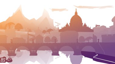 Gün batımı cityscape. resimde. Anahat şehir gökdelenler.