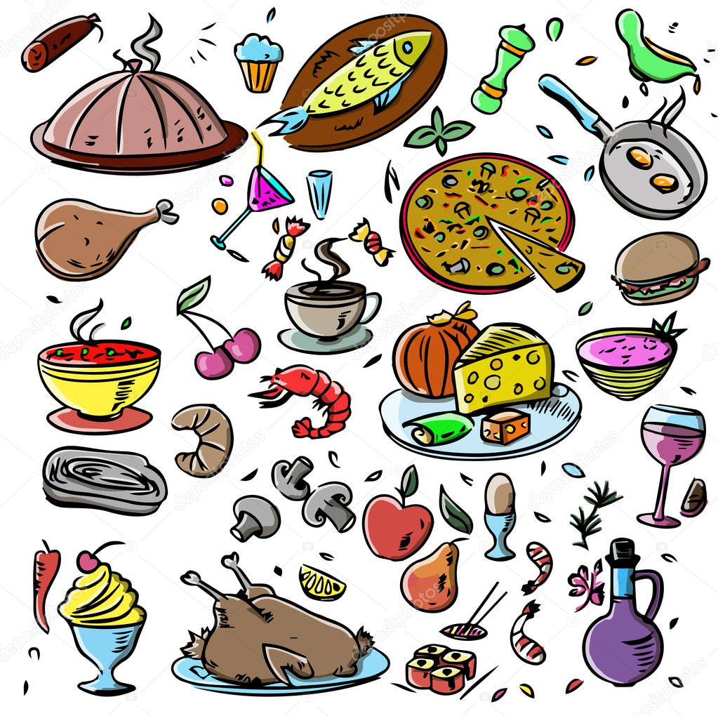Big set: food icons various delicious dishes . Traditional cuisine. Main course. Healthy junk food, seafood, fast food, drinks