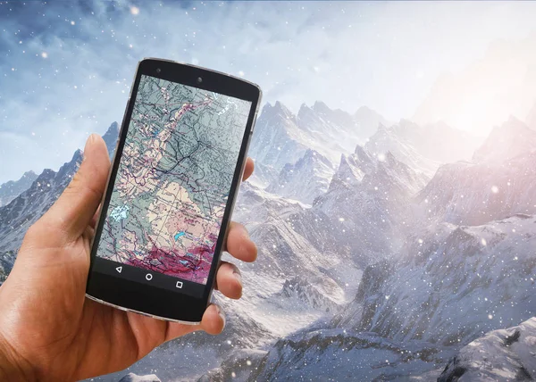 Application of satellite navigation on your phone to find a route concept travels