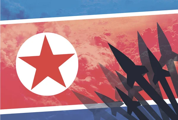 Cohetes siluetas fondo Bandera de Corea del Norte . —  Fotos de Stock