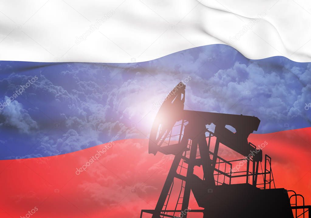 Oil pump on background of flag of Russia