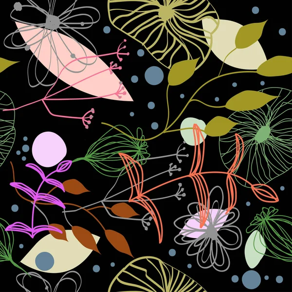 Beautiful fantasy seamless pattern. Decorative vector background with flowers and leaves.