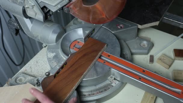 Circular saw saws parts. Sawed wood at the factory. Shut. furniture production. Male hands drinking the pieces on factory. — Stock Video