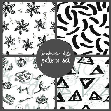 siyah ve beyaz İskandinav tarzı desenler, soyut çiçek ve kaotik çizgili