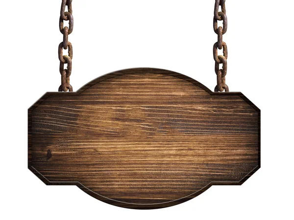 Cartel de madera en madera oscura colgado de una cadena aislada — Foto de Stock