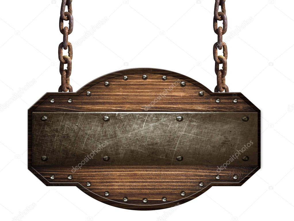 Wooden sign in a dark wood with iron strap and bolts hanging on chain isolated on white background