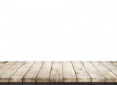 Tahta eski masa beyaz arka planda izole edilmiş. Ürün yerleştirme veya ön plandaki masanın üstüne odaklı montaj için