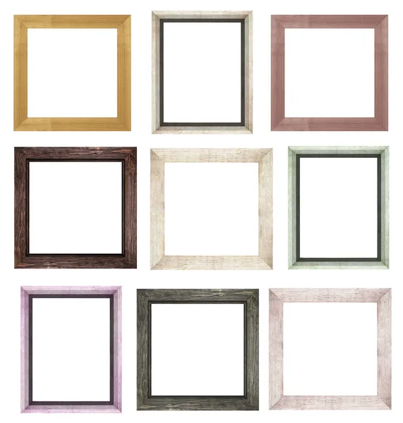 Um conjunto de molduras de madeira marrom para imagens e fotos isoladas em fundo branco — Fotografia de Stock