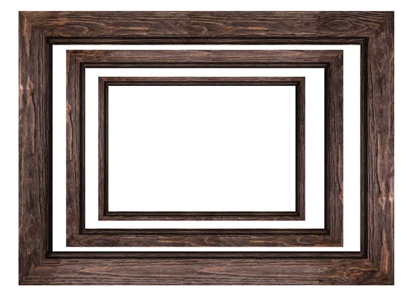 Una serie di cornici di legno marrone per immagini e foto isolate su sfondo bianco — Foto Stock