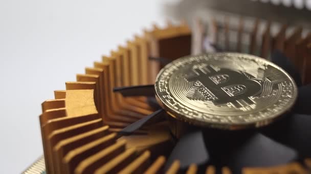 Bitcoins zijn spinnen op de grafische kaart koeler closeup — Stockvideo