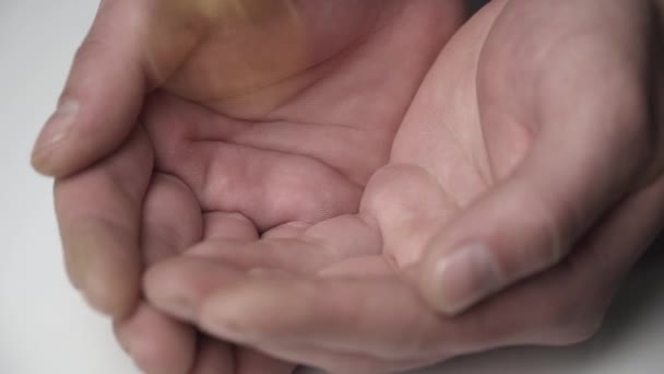 Bitcoin-Coins für die männliche Hand, das Konzept, Kryptowährung zu verdienen — Stockvideo