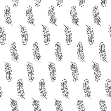 Siyah ve beyaz sorunsuz doku kuş tüyleri ile. Tüy. Vektör çizim