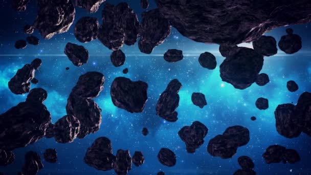 破壊された惑星の残骸の間の深い空間で小惑星のドリフト、ポスト黙示録的な未来的な組成 — ストック動画