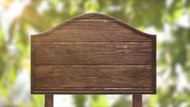 Pointeur de panneau en bois sur un fond animé de feuillage et d'éblouissement du soleil — Video