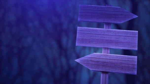 Темна дерев'яна табличка вночі, на тлі нічного лісу, темна страшна композиція — стокове відео