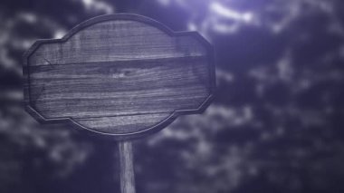 Gece karanlığında ahşap bir levha, gece ormanının arka planında, karanlık ve korkunç bir kompozisyon.
