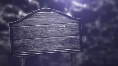 Gece karanlığında ahşap bir levha, gece ormanının arka planında, karanlık ve korkunç bir kompozisyon.