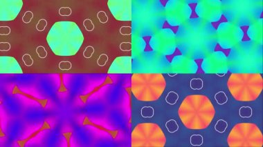 Bir çift kaleydoskop. Grafik arkaplanının soyut renkli hareket efekti. Optik illüzyon. Nesneler rastgele şekil ve boyut değiştirir.