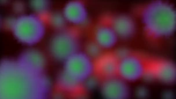 Células púrpuras y verdes de bacterias o virus covid-19, las células se mueven aleatoriamente y giran sobre el fondo rojo de los órganos humanos, el aislamiento, el concepto de células causantes de enfermedades — Vídeo de stock