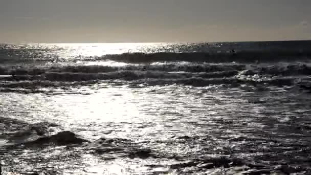 Mannen Praktijk Surfen Bij Zonsondergang — Stockvideo