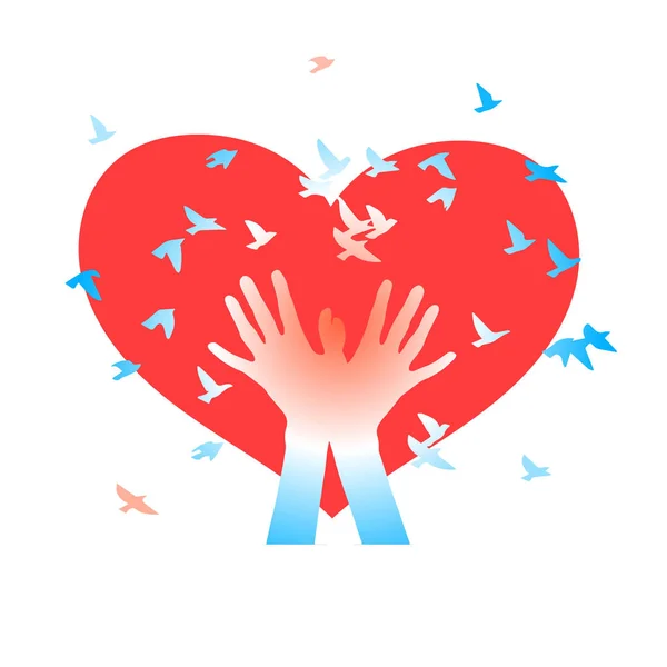 Mãos com pássaros em um contexto de corações . — Vetor de Stock