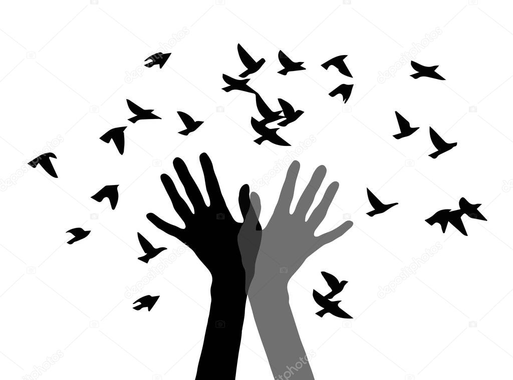 Silhouette of two hands and the birds