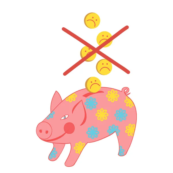 Piggy bank met een munt-trieste emoticon. — Stockfoto