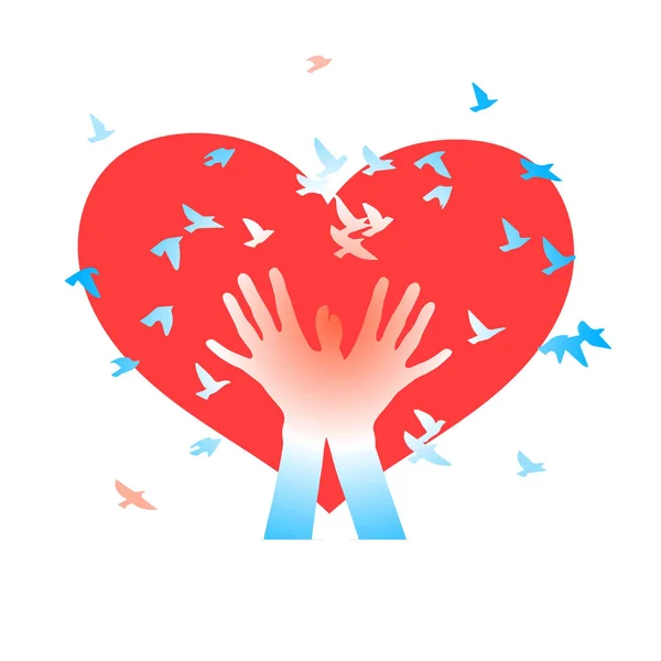 Hands with birds on a background of hearts. — Stock Photo, Image