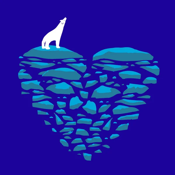 Orso polare su un lastrone di ghiaccio. Cuore di ghiaccio illustrazione sul tema dell'amore, della solitudine o dell'ambiente e del riscaldamento globale . — Foto Stock