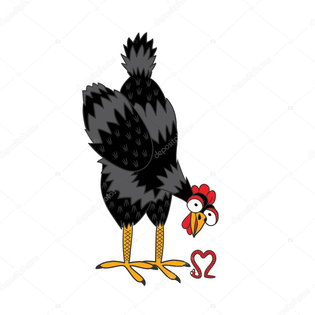 Chicken looking at a worm, which depicts the heart.