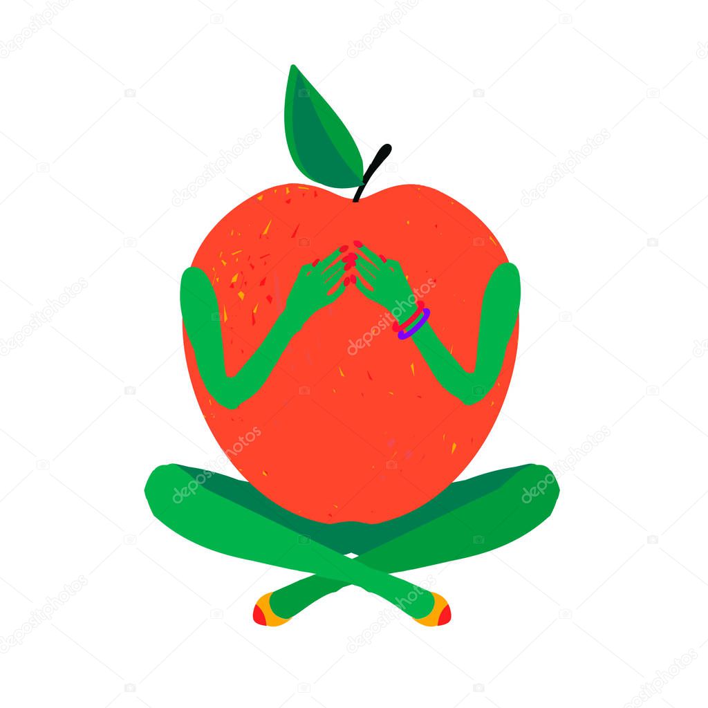 Apple in the form of a woman sitting in the Lotus position.