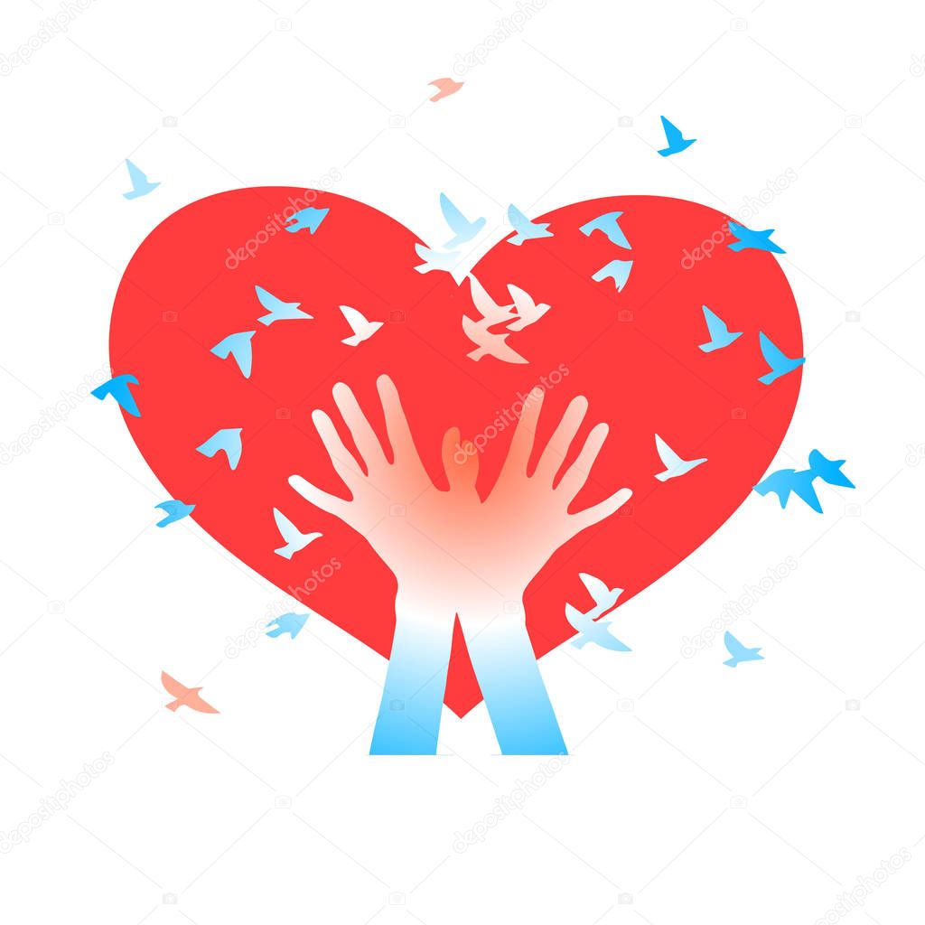 Hands with birds on a background of hearts.