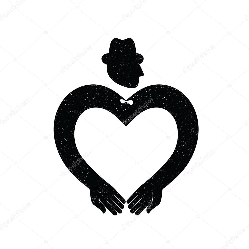 Male icon. Dandy in hat with hands in heart shape