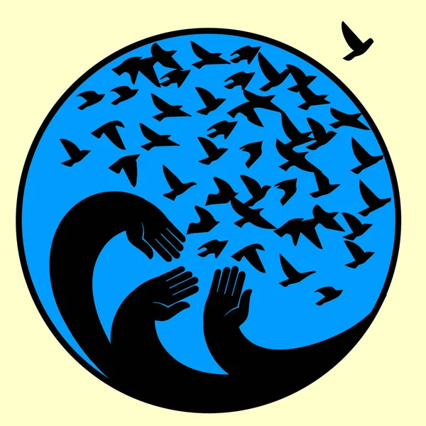 Mãos, luto pássaros ilustração no círculo  . — Fotografia de Stock