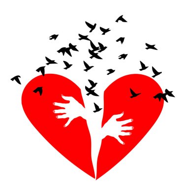 Kırmızı kalp kırıklığı. Kuşlar kırık bir kalp dışında uçar. Kırık kalp veya boşanma. Kırık kalp, vektör simgesi.