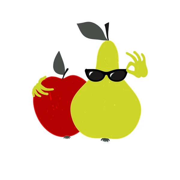 Manzana con gafas de sol abraza una pera . — Archivo Imágenes Vectoriales