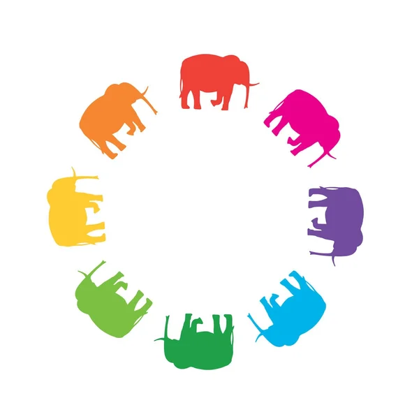 Marco redondo de siluetas de elefantes en colores arco iris — Vector de stock