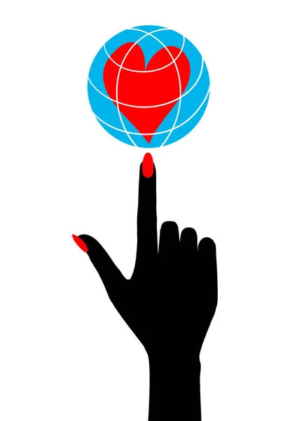 Ilustração vetorial para Valentim mão dia segurando em seu globo do dedo com o coração dentro . —  Vetores de Stock