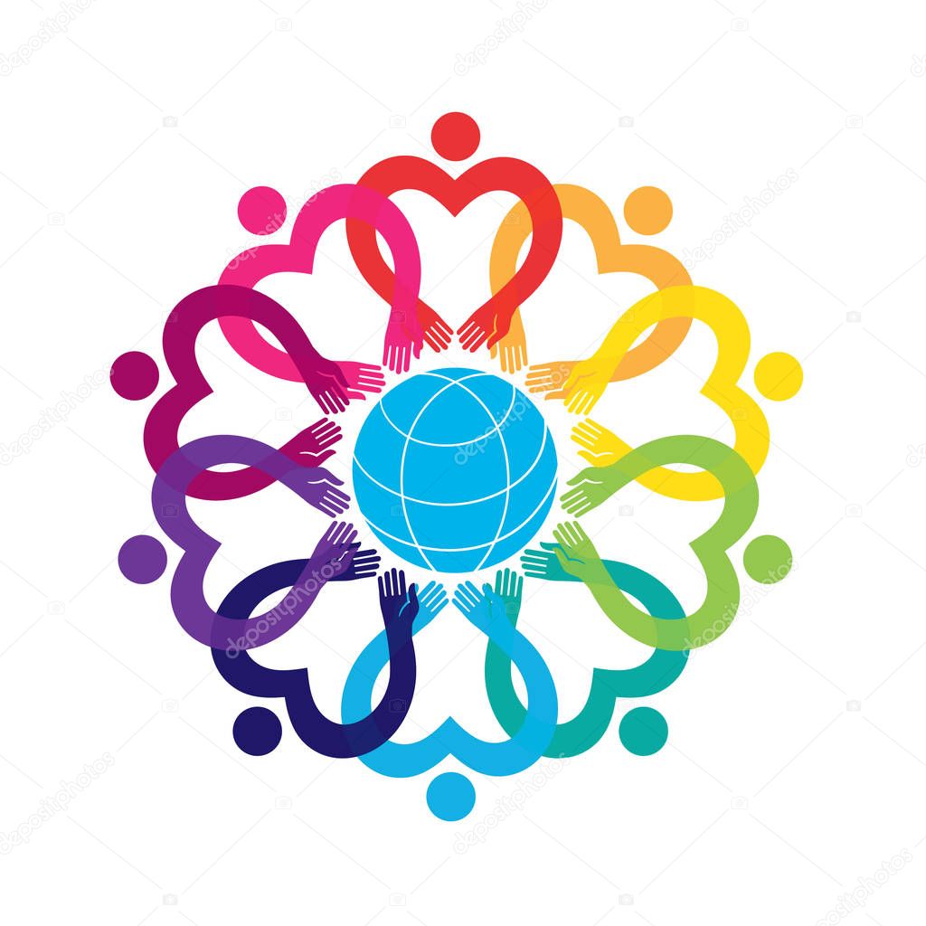 Vector graphic design. Hearts and dots. People in the circle. Flower ornament logo