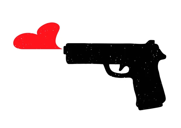 Black silhouette of a black gun, which produces a red heart, and does not shoot bullets — Stock Vector